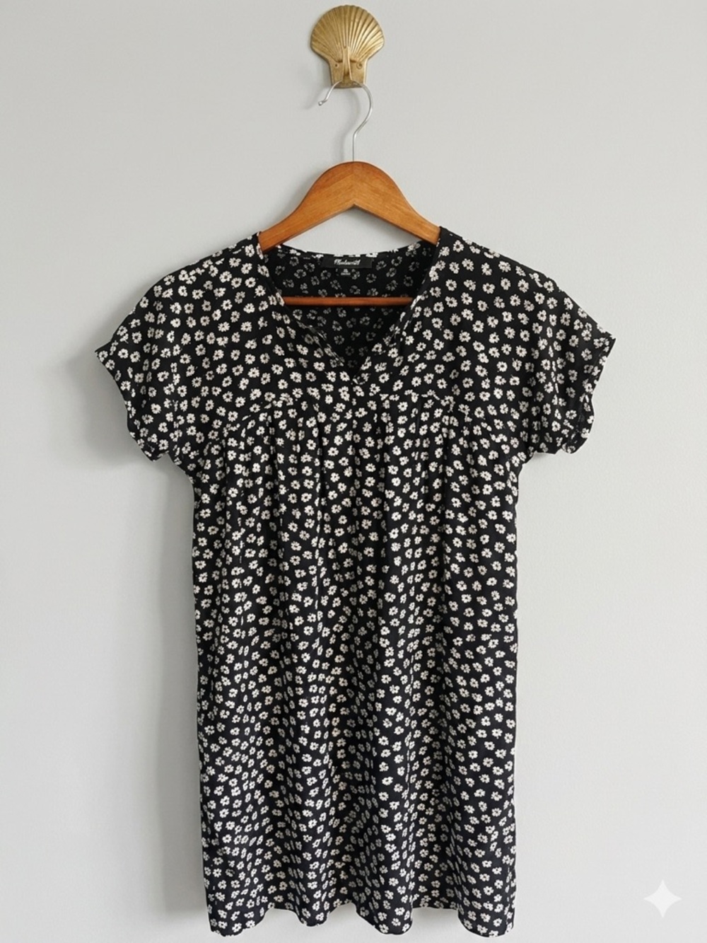Madewell Shirred Easy Dress Woodcut Flower Print XXS Black White Mini 90s Boho